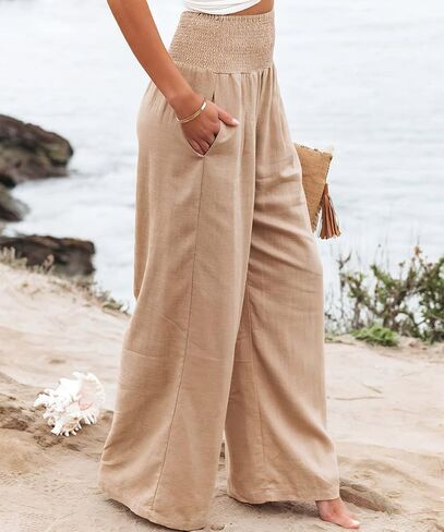 sysinside Leyoutx Womens Cotton Linen Pants Wide Leg High Waist Long Palazzo Trousers with Pocket in Kuwait