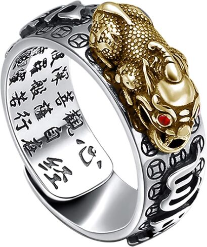 Niqnay Feng Shui Pixiu Mantra Ring البوذية تميمة الحظ السعيد حماية مزدوجة الثروة الحب الصحة هدية للرجال النساء قابل للتعديل خواتم الإصبع مجوهرات ماني المال الدائري Anillo Lucky Girl Boy in Kuwait
