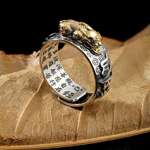 Niqnay Feng Shui Pixiu Mantra Ring البوذية تميمة الحظ السعيد حماية مزدوجة الثروة الحب الصحة هدية للرجال النساء قابل للتعديل خواتم الإصبع مجوهرات ماني المال الدائري Anillo Lucky Girl Boy in Kuwait
