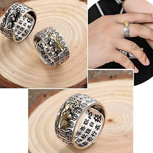 Niqnay Feng Shui Pixiu Mantra Ring البوذية تميمة الحظ السعيد حماية مزدوجة الثروة الحب الصحة هدية للرجال النساء قابل للتعديل خواتم الإصبع مجوهرات ماني المال الدائري Anillo Lucky Girl Boy in Kuwait
