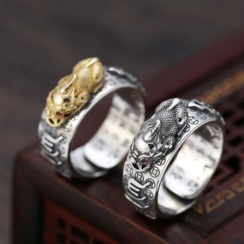 Niqnay Feng Shui Pixiu Mantra Ring البوذية تميمة الحظ السعيد حماية مزدوجة الثروة الحب الصحة هدية للرجال النساء قابل للتعديل خواتم الإصبع مجوهرات ماني المال الدائري Anillo Lucky Girl Boy in Kuwait