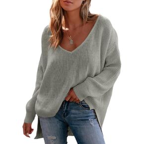 سترة علوية نسائية من Dokotoo موضة خريف 2023 برقبة على شكل V وأكمام طويلة وحاشية غير متماثلة بلوفر محبوك in Kuwait