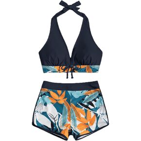 SHENHE Women's 2 Piece High Waisted Tropical Print Halter Bikini Swimsuit Bathing Suit