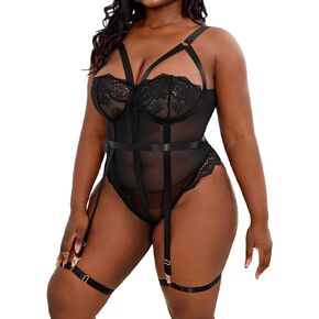 OYOANGLE Women's Plus Size Ring Linked Cut Out Sheer Mesh Teddy Bodysuit Garter Lingerie Set in Saudi Arabia