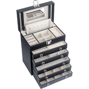 صندوق مجوهرات جلد كبير من 6 طبقات للنساء، حقيبة منظمة مجوهرات قابلة للغلق مع مرآة للقلادة، خاتم المجوهرات، هدايا مثالية لعيد الميلاد لصديقتك LJC09BK in Kuwait