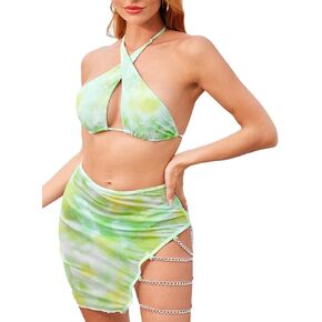 WDIRARA Women's 3 Piece Tie Dye Cut Out Criss Cross Halter Bikini Swimsuit with Chain Beach Skirt