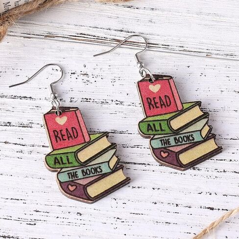 Funny Wooden Stackable Book Pencil Drop Dangle Earrings Stack of Books for Women Girls Classic Librarian Teacher Student Graduation Back to School Jewelry in Kuwait