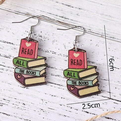 Funny Wooden Stackable Book Pencil Drop Dangle Earrings Stack of Books for Women Girls Classic Librarian Teacher Student Graduation Back to School Jewelry in Kuwait