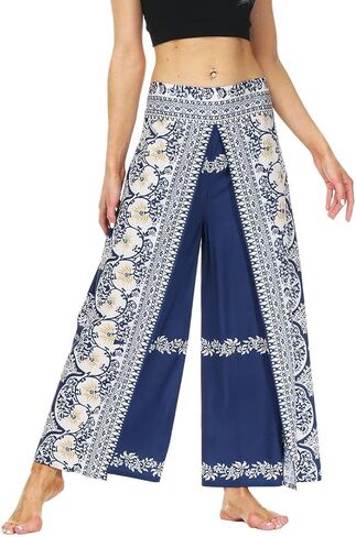 MsAnya سروال حريمي Palazzo ذو فتحة واسعة الساق صيفي كاجوال للشاطئ بوهو هيبي بوهيمي بيلاتيس مقاس كبير 10-18 in Kuwait