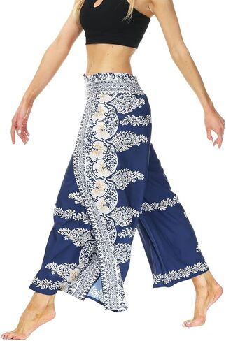 MsAnya سروال حريمي Palazzo ذو فتحة واسعة الساق صيفي كاجوال للشاطئ بوهو هيبي بوهيمي بيلاتيس مقاس كبير 10-18 in Kuwait