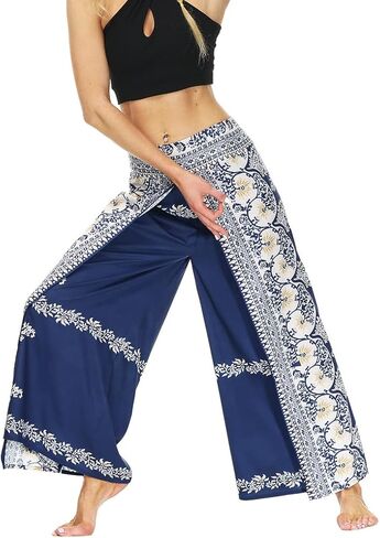 MsAnya سروال حريمي Palazzo ذو فتحة واسعة الساق صيفي كاجوال للشاطئ بوهو هيبي بوهيمي بيلاتيس مقاس كبير 10-18 in Kuwait
