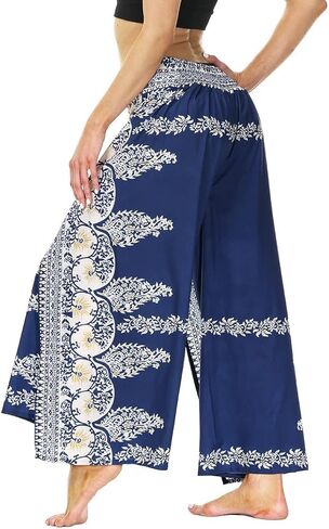 MsAnya سروال حريمي Palazzo ذو فتحة واسعة الساق صيفي كاجوال للشاطئ بوهو هيبي بوهيمي بيلاتيس مقاس كبير 10-18 in Kuwait