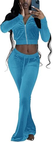 Chatinction Women's 2 Piece Outfit Velour Zip Up Crop Jacket and Bell Bottoms Long Pants with Pockets Tracksuit Set in Kuwait