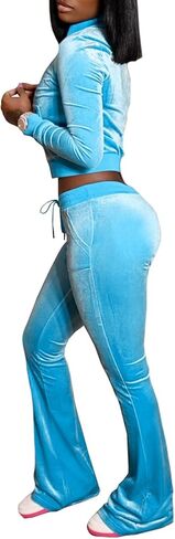 Chatinction Women's 2 Piece Outfit Velour Zip Up Crop Jacket and Bell Bottoms Long Pants with Pockets Tracksuit Set in Kuwait