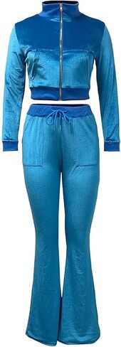 Chatinction Women's 2 Piece Outfit Velour Zip Up Crop Jacket and Bell Bottoms Long Pants with Pockets Tracksuit Set in Kuwait