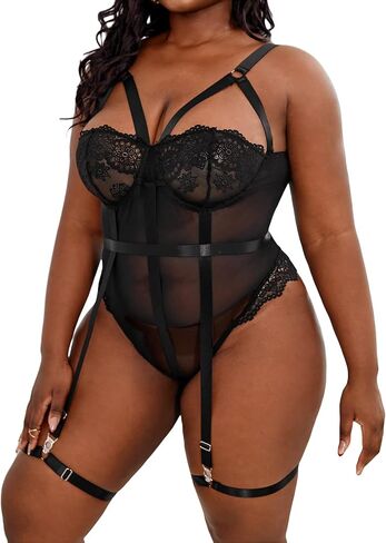 OYOANGLE Women's Plus Size Ring Linked Cut Out Sheer Mesh Teddy Bodysuit Garter Lingerie Set in Saudi Arabia