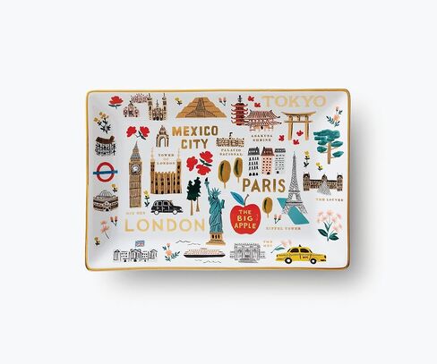 RIFLE PAPER CO. Curio Large Catchall Tray - Porcelain Storage Tray, Colored Illustrations and Metallic Gold Accents, 10" L x 6" W x 1" H, Perfect for Trinkets, Keys, Mail, and Jewelry in Kuwait