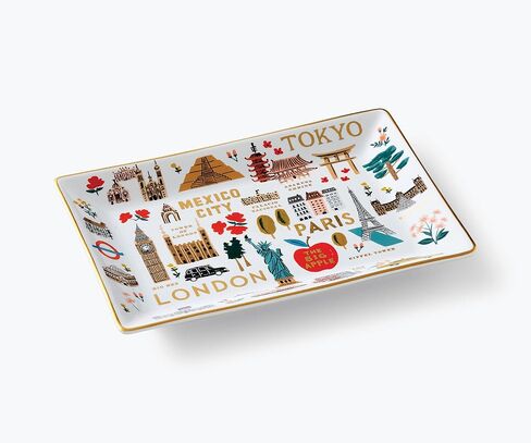 RIFLE PAPER CO. Curio Large Catchall Tray - Porcelain Storage Tray, Colored Illustrations and Metallic Gold Accents, 10" L x 6" W x 1" H, Perfect for Trinkets, Keys, Mail, and Jewelry in Kuwait