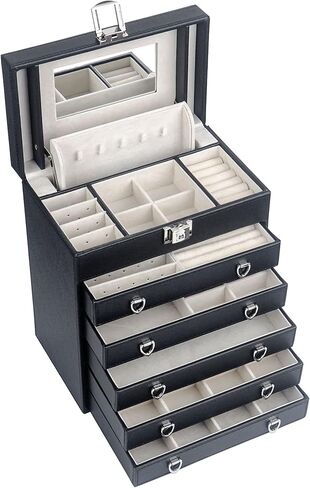 صندوق مجوهرات جلد كبير من 6 طبقات للنساء، حقيبة منظمة مجوهرات قابلة للغلق مع مرآة للقلادة، خاتم المجوهرات، هدايا مثالية لعيد الميلاد لصديقتك LJC09BK in Kuwait