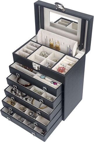 صندوق مجوهرات جلد كبير من 6 طبقات للنساء، حقيبة منظمة مجوهرات قابلة للغلق مع مرآة للقلادة، خاتم المجوهرات، هدايا مثالية لعيد الميلاد لصديقتك LJC09BK in Kuwait