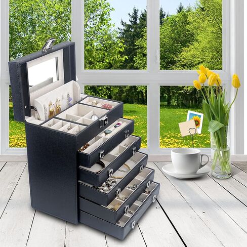 صندوق مجوهرات جلد كبير من 6 طبقات للنساء، حقيبة منظمة مجوهرات قابلة للغلق مع مرآة للقلادة، خاتم المجوهرات، هدايا مثالية لعيد الميلاد لصديقتك LJC09BK in Kuwait