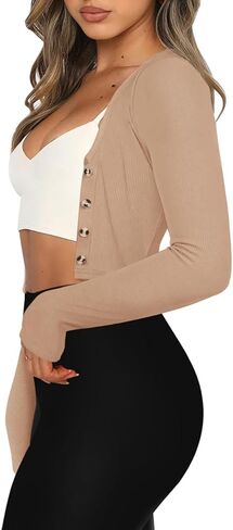 سترة نسائية LASLULU مقصوصة من الصوف برقبة على شكل حرف V وأكمام طويلة سترة مضلعة بأزرار للتمرين معاطف سترة رياضية in Kuwait