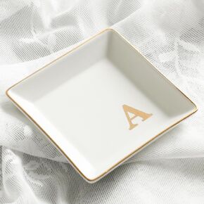 COLLECTIVE HOME - Ceramic Jewelry Tray, Monogram Decorative Trinket Dish for Rings Earrings Necklaces Bracelet Watch Keys, Birthday Mother's Day Christmas Gift for Women, 4" x 4" (K)