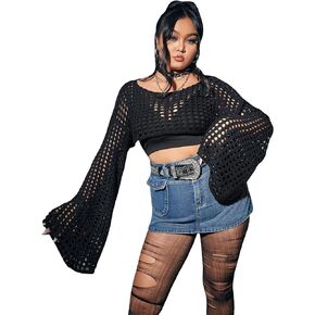 Floerns Women's Plus Size Boat Neck Long Sleeve Hollow Out Crochet Cropped Sweater