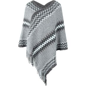 AFOLIRY Women's Soft Knitted Zig Zag Patterned Tassel Batwing Poncho Sweater Pullover Wraps Cape
