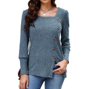 Viracy Womens Fall Sweaters Lightweight Long Sleeve Square Neck Dressy Casual Tunic Tops with Decorative Buttons
