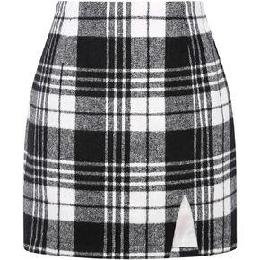 Plaid Mini Skirts for Womens High Waisted Fall Winter Wool Bodycon Pencil Skirts with Slit