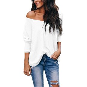 iGENJUN Women's Casual V-Neck Off-Shoulder Batwing Sleeve Pullover Knit Shirts Sweater Tops in Saudi Arabia