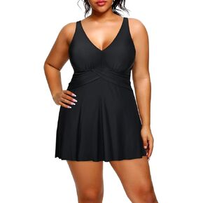 Holipick Plus Size Swim Dress Women - One Piece Swimsuit with Skirt V Neck Tummy Control Bathing Suit