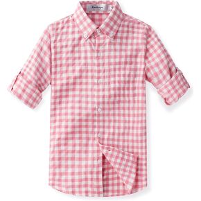 Aimehonpe Boys Cotton Plaid Button Down Shirt Roll Up Long Sleeve Fall Classic Fine Plaid Fashion Collared Poplin Sports