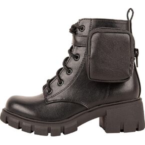 Kassie Daniela ~ Pouch ~ Kids Lug Sole Mid Shaft Chunky Heel Fashion Combat Lace up Bootie W/Side Zipper & Pouch Girl Boots