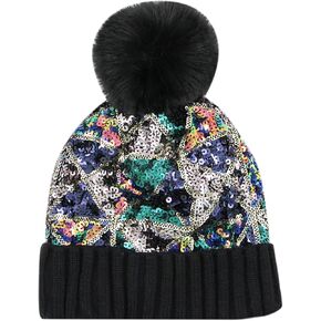 BOLLEY JOSS Womens Winter Beanies Glitter Sequins Colorful Knit Faux Fur Pompoms Beanie Hats Shiny Bling Skull Ski Cap