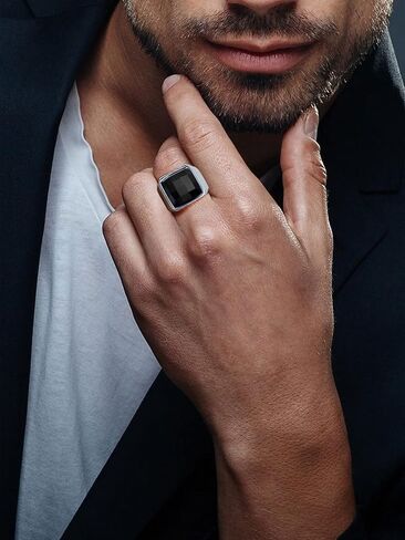FindChic Stainless Steel Black/Blue Gemstone Signet Rings for Men Women Square Created Topaz/Custom Birthstone Nugget Ring for Party Anniversary Size 7 to 14 + Gift Box in Kuwait