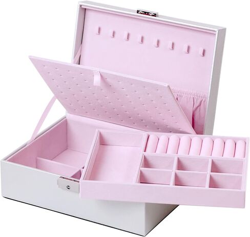 صندوق مجوهرات كيندال للنساء والفتيات، حافظة تنظيم المجوهرات المكونة من طبقتين، هدايا للأم والصديقة من جلد البولي يوريثان قابل للقفل ومبطن بالمخمل الناعم لتخزين مجوهرات السفر المحمولة (متدرجة) in Kuwait