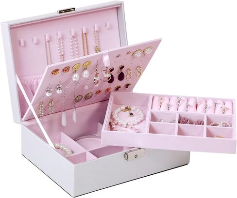 صندوق مجوهرات كيندال للنساء والفتيات، حافظة تنظيم المجوهرات المكونة من طبقتين، هدايا للأم والصديقة من جلد البولي يوريثان قابل للقفل ومبطن بالمخمل الناعم لتخزين مجوهرات السفر المحمولة (متدرجة) in Kuwait