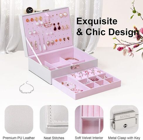 صندوق مجوهرات كيندال للنساء والفتيات، حافظة تنظيم المجوهرات المكونة من طبقتين، هدايا للأم والصديقة من جلد البولي يوريثان قابل للقفل ومبطن بالمخمل الناعم لتخزين مجوهرات السفر المحمولة (متدرجة) in Kuwait