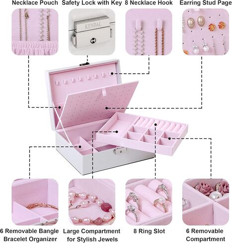 صندوق مجوهرات كيندال للنساء والفتيات، حافظة تنظيم المجوهرات المكونة من طبقتين، هدايا للأم والصديقة من جلد البولي يوريثان قابل للقفل ومبطن بالمخمل الناعم لتخزين مجوهرات السفر المحمولة (متدرجة) in Kuwait