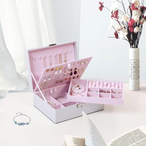 صندوق مجوهرات كيندال للنساء والفتيات، حافظة تنظيم المجوهرات المكونة من طبقتين، هدايا للأم والصديقة من جلد البولي يوريثان قابل للقفل ومبطن بالمخمل الناعم لتخزين مجوهرات السفر المحمولة (متدرجة) in Kuwait