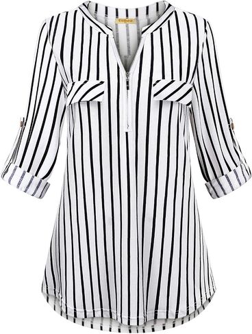 MIXJOY Baikea Women's 3/4 Sleeve V Neck Plaid Shirt Casual Tunic Blouse with Chest Flaps in Kuwait