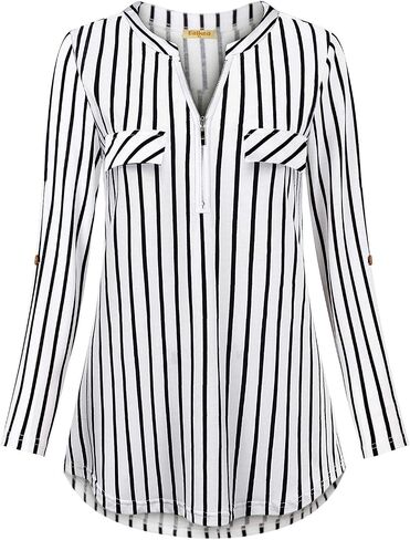 MIXJOY Baikea Women's 3/4 Sleeve V Neck Plaid Shirt Casual Tunic Blouse with Chest Flaps in Kuwait