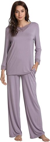 GYS Bamboo Pajamas for Women Soft Long Sleeve Sleepwear V Neck Pjs Set Sleep Lounge Set with Lace S-4XL in Kuwait