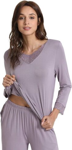 GYS Bamboo Pajamas for Women Soft Long Sleeve Sleepwear V Neck Pjs Set Sleep Lounge Set with Lace S-4XL in Kuwait
