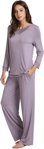GYS Bamboo Pajamas for Women Soft Long Sleeve Sleepwear V Neck Pjs Set Sleep Lounge Set with Lace S-4XL in Kuwait