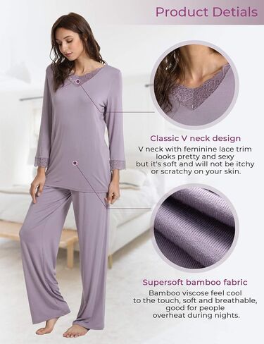 GYS Bamboo Pajamas for Women Soft Long Sleeve Sleepwear V Neck Pjs Set Sleep Lounge Set with Lace S-4XL in Kuwait