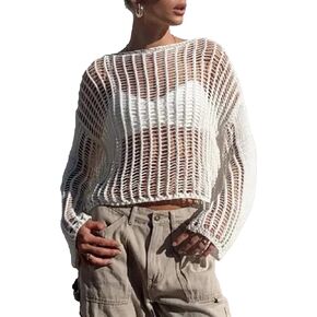 Meladyan المرأة الكروشيه متماسكة شبكة صيد السمك المحاصيل الأعلى مثير الجوف خارج انظر من خلال كم طويل سموك تي شيرت الشاطئ التستر in Kuwait