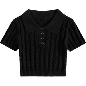 Verdusa Women's Button Front Short Sleeve Cable Knit Crop Top Pullover Sweater in Saudi Arabia